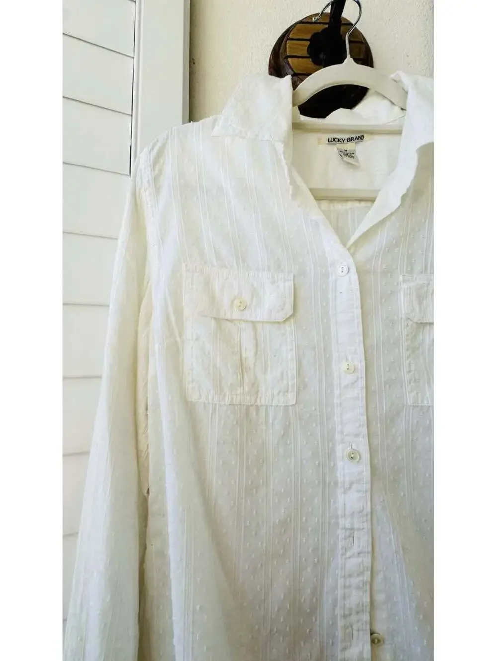 Lucky Brand White Swiss Dot Roll-Tab Sleeve Shirt - Size M